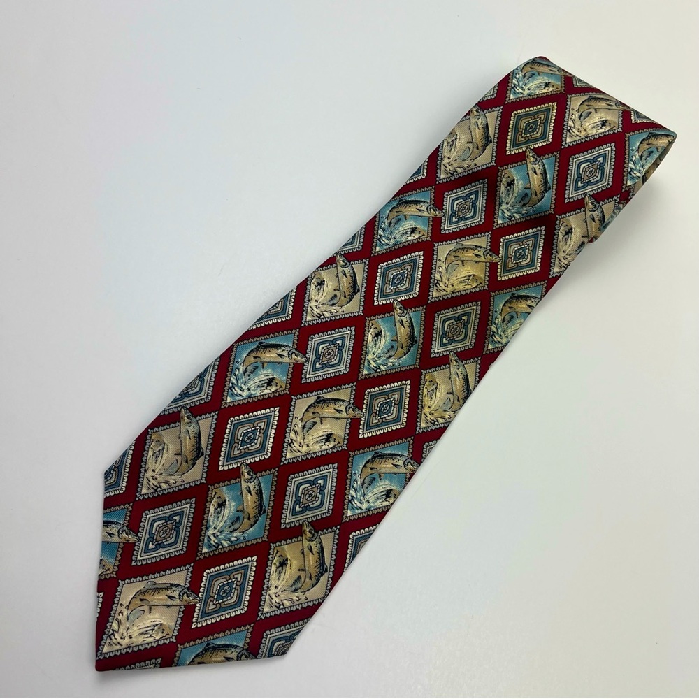 Ducks Unlimited 100% Silk Mens Neck Tie Fish‎ Outdoor Sports Adventure Stamp